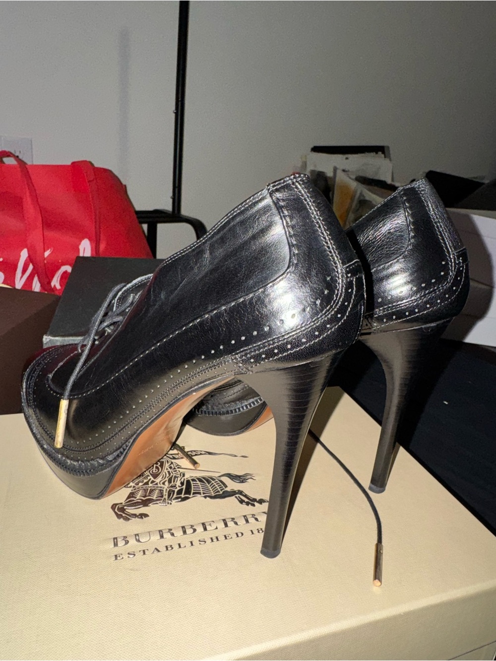 Burberry Black Leather Brogue Lace-Up Stiletto Heels - Picture 7 of 9